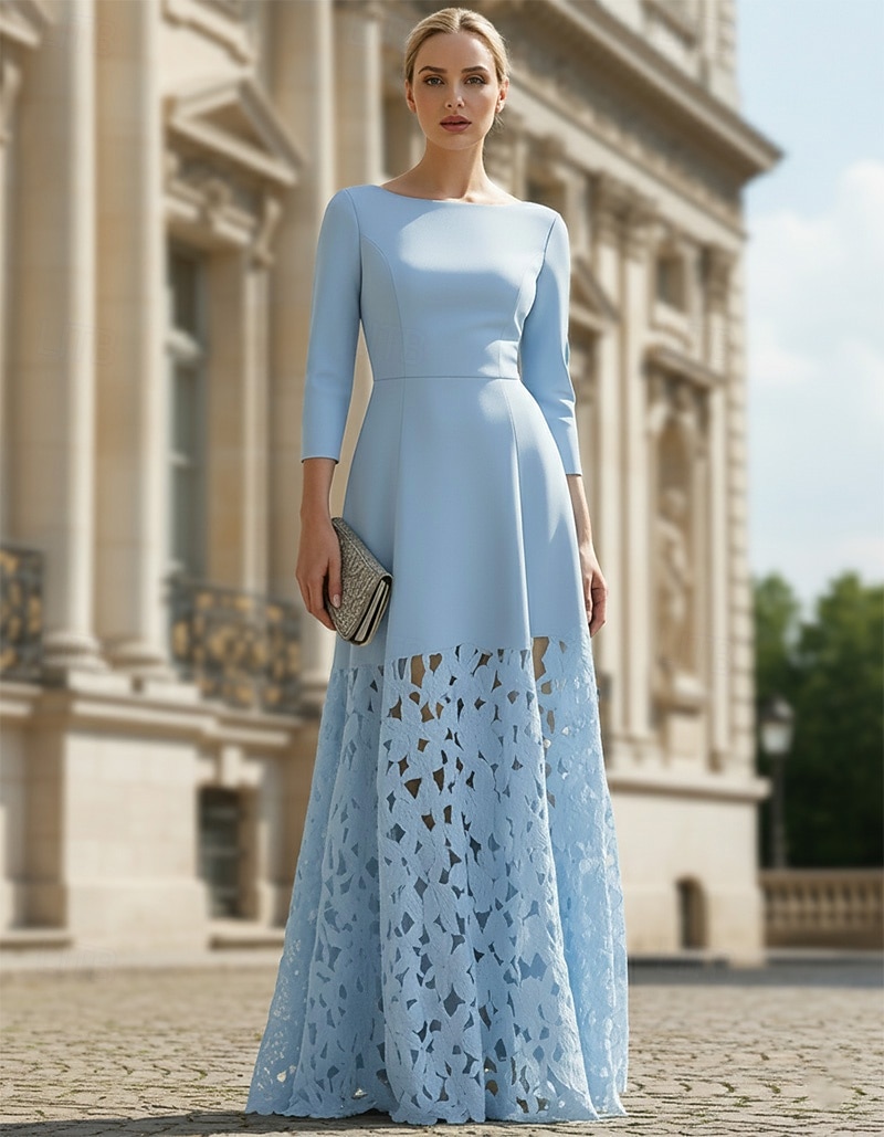 A-linje Golvlång Kvälls klänningar Elegant Moder Till Bruden Bröllop/dagtidsbröllop 3/4 ärm Båthals Formell Bröllop Stretch crepe med Applikationsbroderi 2025 2025 - $164.99 –P1