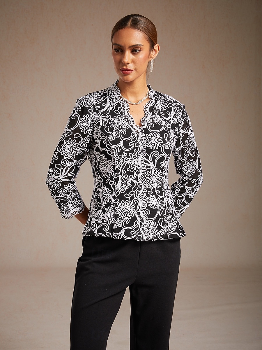 Damskie Eleganckie topy Haft Kwiaty W Tureckie Wzory Elegancja Rękaw 3/4 W serek Zwykłe topy Praca Wieczorna impreza Pół formalne Czarny Wiosna Jesień Zima 2026 - $129.99 –P6