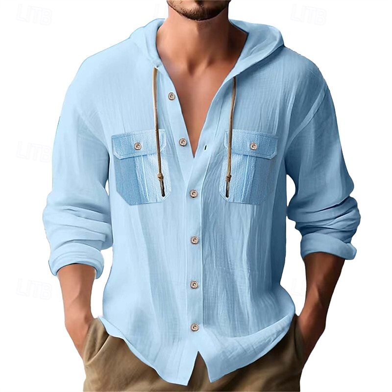 Herren Hemd Sommerhemd Freizeithemd Strandhemd Knopfhemd Marineblau Langarm Einfach Mit Kapuze Lässig Täglich Tasche Bekleidung Baumwolle Mode Lässig Bequem 2026 - $31.99 –P13