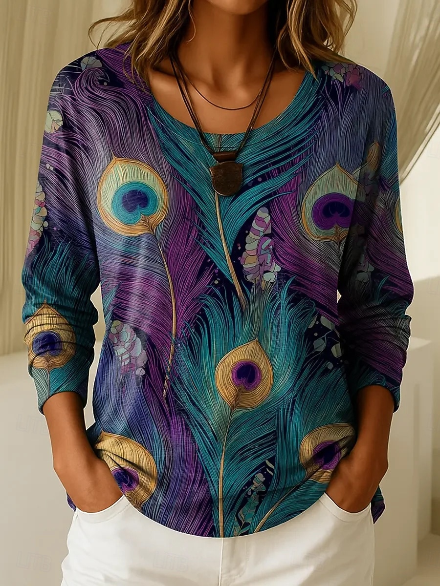 Per donna Maglietta Stampato Floreale Grafico Piante Moda Casual Manica Lunga Girocollo Top Regolari Quotidiano Weekend Blu Rosa Viola Autunno Inverno del 2026 a $24.99 –P2