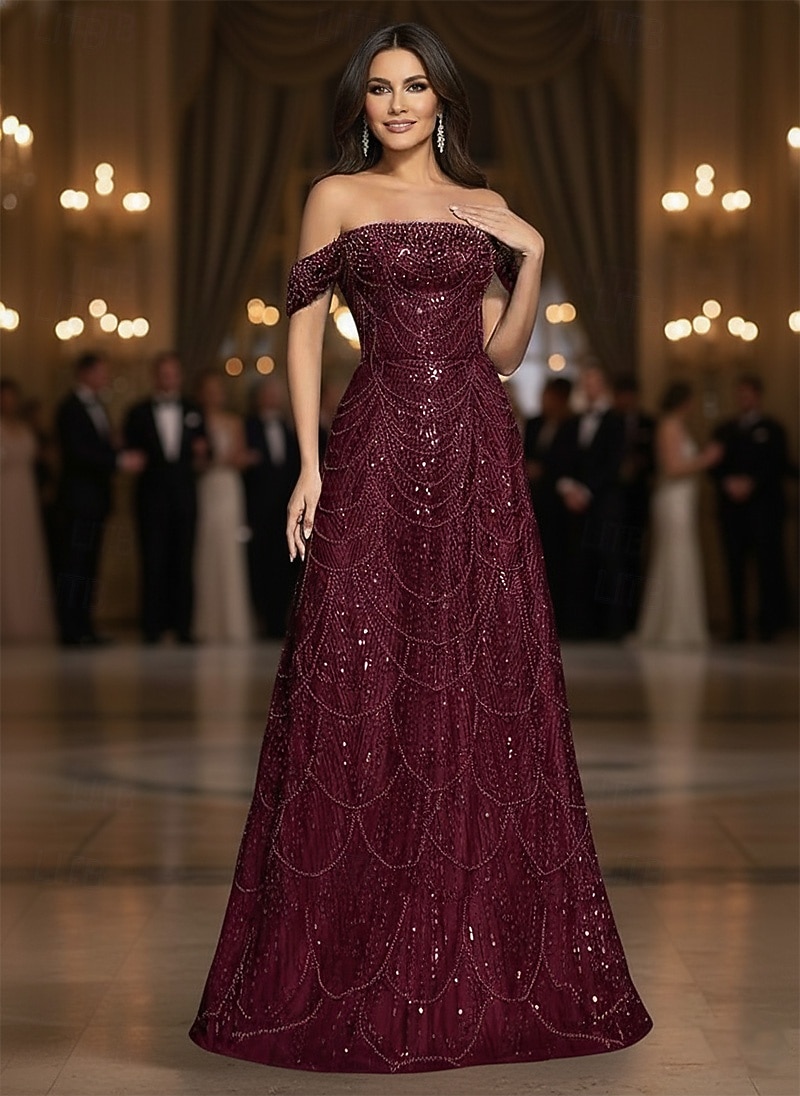 А-силуэт С коротким шлейфом Вышивка бисером Вечернее платье Платье матери невесты Вечернее платье Элегантный стиль Винтаж Блестящая Без рукавов С открытыми плечами Свадьба Официальные Тюль Пайетки с 2026 - $219.99 –P2