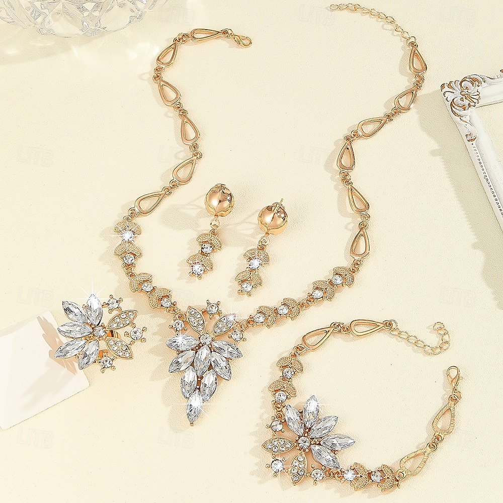Dámská sada tří křišťálových šperků - třpytivý náhrdelník s kamínky, náušnice &náramek, elegantní růžovo-zlaté svatební doplňky pro svatbu &večírky 2026 - $11.99 –P3