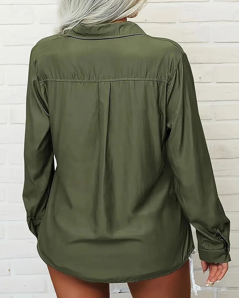 Mulheres Blusa Tops elegantes Franzido Bolsos Botões Côr Sólida Tecido Elegante Vintage senhoras Manga Longa Colarinho de Camisa Tops regulares Diário Trabalho Feriado Verde Preto Rosa Verde Tropa de 2026 por $25.99 –P4
