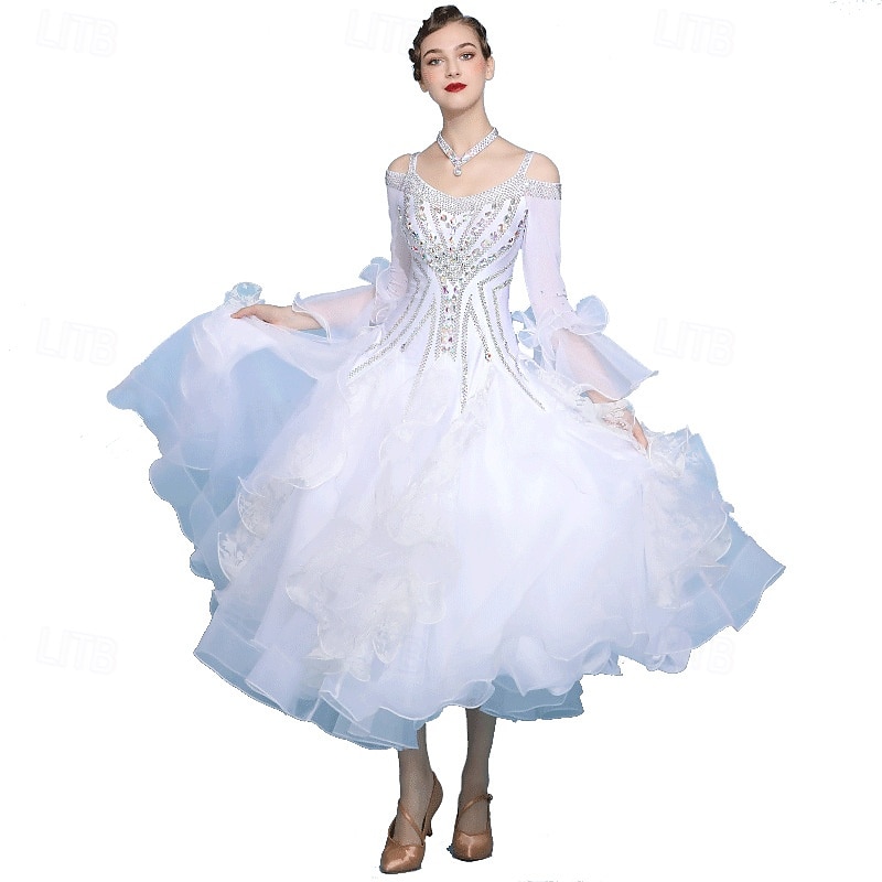 Ballroom Dance Dress Pleats Splicing Crystals / Rhinestones Women's Performance Training Long Sleeve High Spandex Mesh 2026 - $895.79 –P6