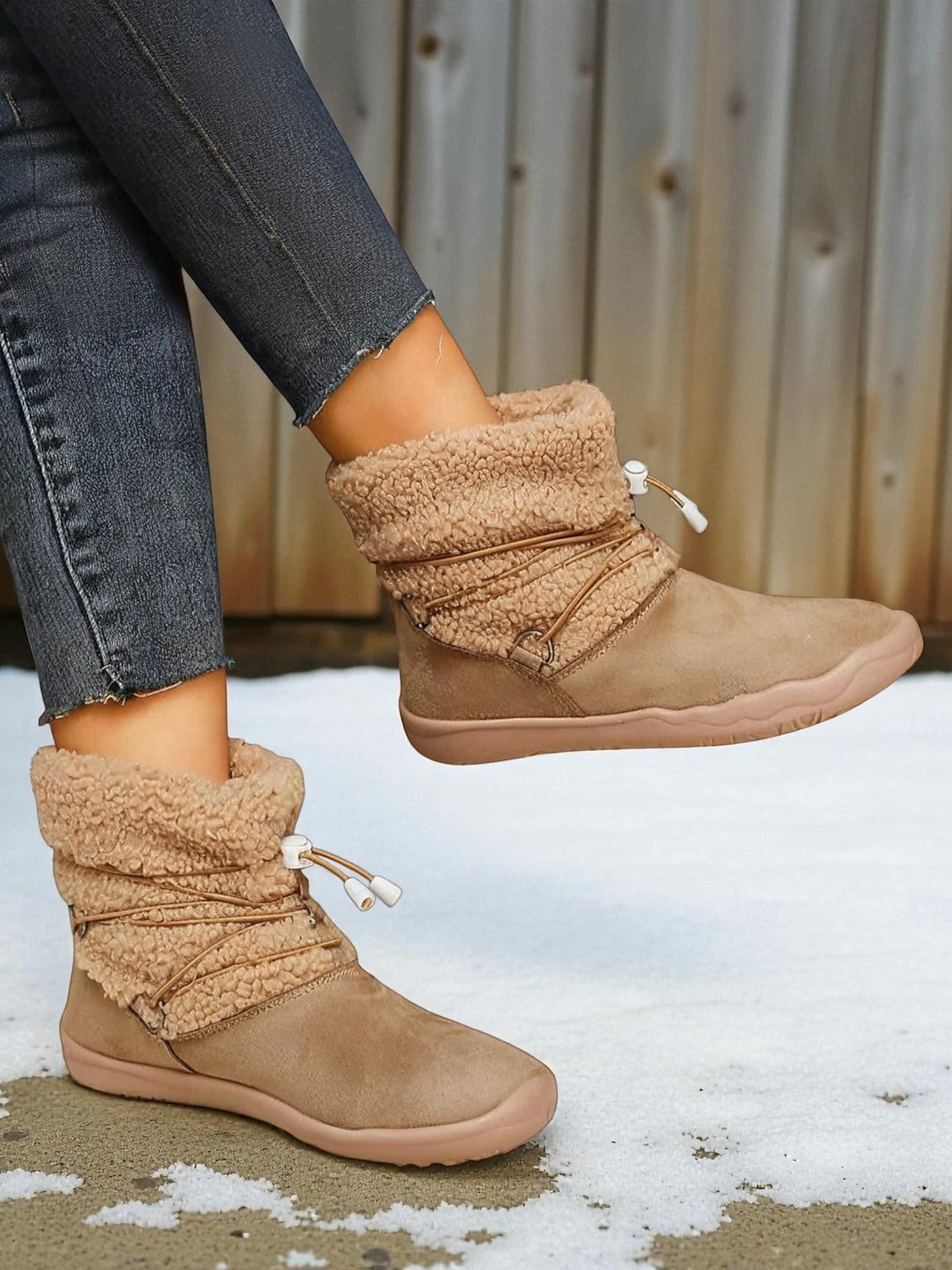 Naisten khakinväriset, leveälestiset, fleecevuorilla varustetut talvisaappaat – lämpimät nilkkurit kiristysnyörillä lumeen, kävelyyn, ulkoiluun ja jokapäiväiseen käyttöön. 2026 - $34.99 –P5