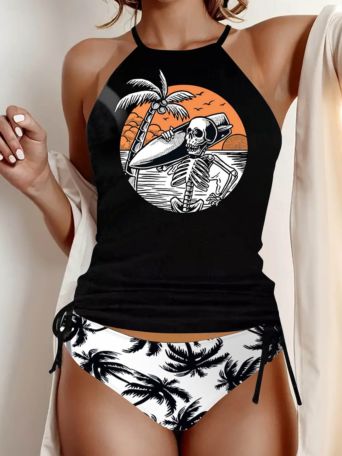 Kvinners Tankini 2 Delt Badedrakt Rynket Truser Magekontroll Høyt Liv Slank Ryggløs Ferie Strandtøy Blomster Grafisk U-Hals Ermeløse Badedrakter 2026 - $26.99 –P2