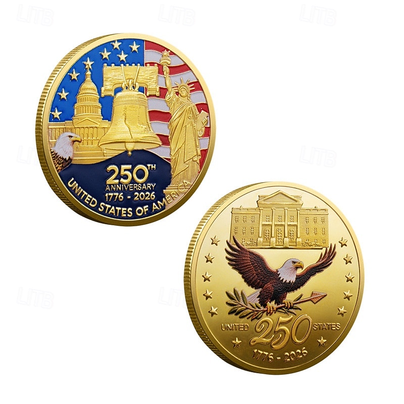 250th Anniversary Commemorative Coins - Golden American Flag & Liberty Bell Design Collectible Coins, Durable Metal Anniversary Coins for Display, Collectors Patriotic Semiquincentennial 2026 - $15.99 –P8