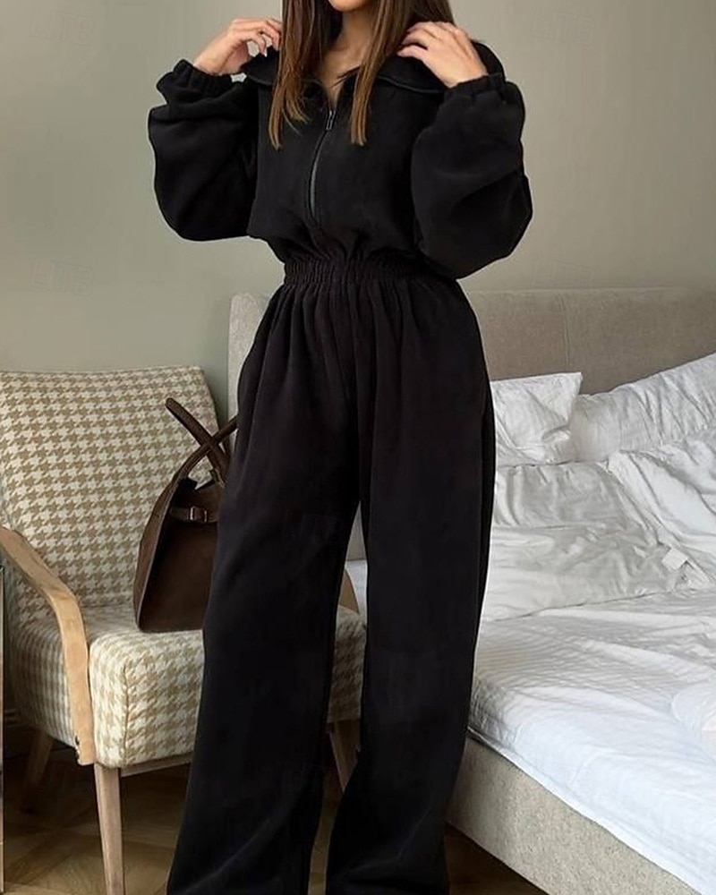 Dames Loungewear Rompertjes Modieus Sport Casual Heldere kleur Vetoketju Vakantie Huis Afspraakje Lange mouw Overhemdkraag Zwart Wit Wijn Bruin Donkergrijs Lente Herfst Winter Getailleerd 2026 - $43.99 –P5