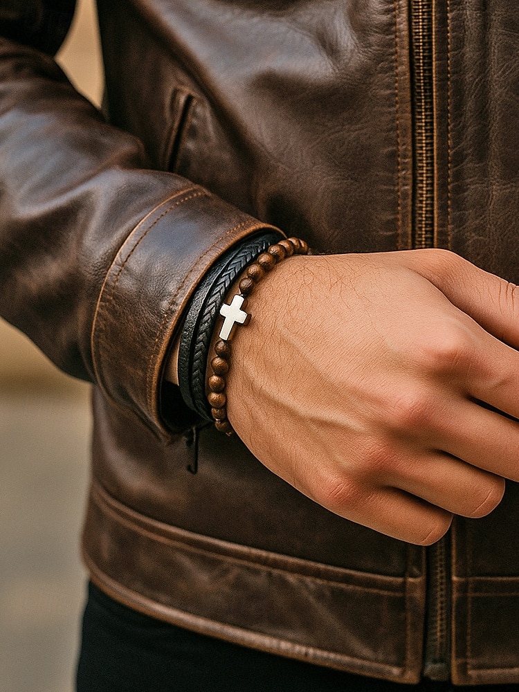 мужской браслет с магнитной застежкой — дизайн из натурального камня и искусственной кожи, стильный и прочный, идеально подходит для повседневной носки. 2026 - $11.99 –P1