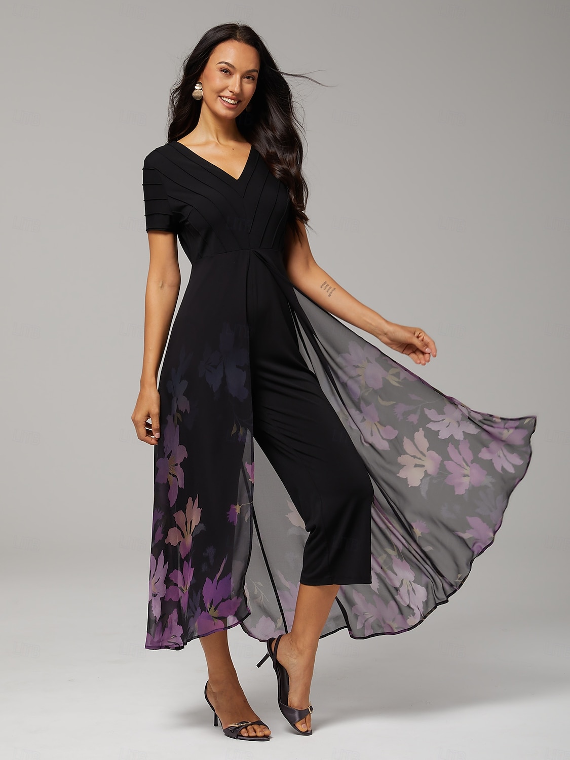 damejumpsuit svart tencel chiffon gradient paneled imitert todelt flagrende gjennomsiktig stretch blomstertrykk v-hals fest ferie vår sommer 2026 - $28.49 –P6