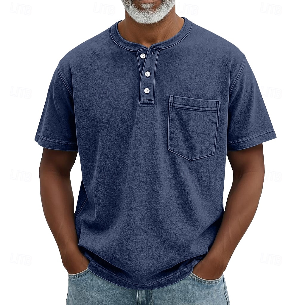 SoftFade™ Heren Henley Shirt 100% Katoen Acid Wash Shirt T shirt Tee Korte Mouw Retro Vintage Casual Button Up Zak Garment Dyed Zomer Lente Herfst Donkerbruin Zwart Roze Henley T-Shirt 2026 - $31.99 –P12