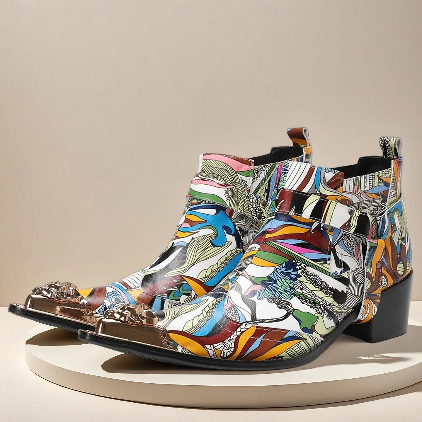 Miesten värikkäät ja taiteelliset aidosta nahasta valmistetut nilkkurit - monivärinen muotoilu vetoketjulla ja kiiltävillä metallisilla yksityiskohdilla, ihanteellinen muodikkaaseen vapaa-ajan käyttöön ja erityistilaisuuksiin 2025 - $139.99 –P1