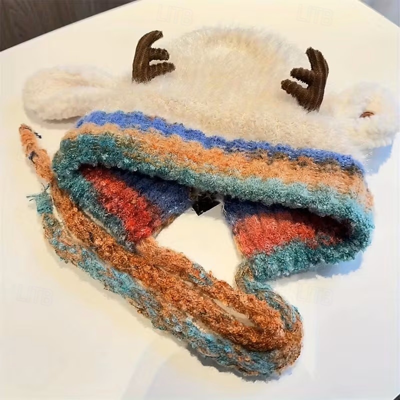 heklet vinterlue med fleecefor og reinsdyrgevir for dame &ører, myk varm skilue, fargerik flerfarget reinsdyrlue, myk fleeceforet heklet lue for barn og voksne, morsomt ferietilbehør 2026 - $19.99 –P5