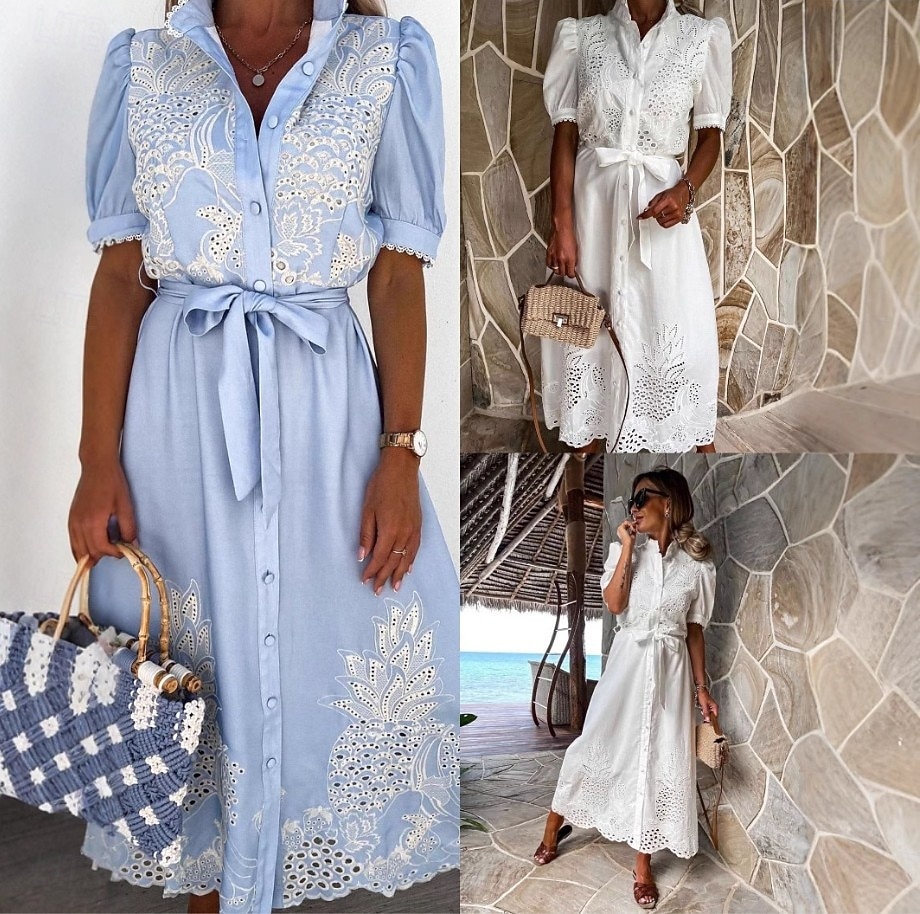 Damen Midikleid Sommerkleid Urlaub Lässig Boho Ausgehen Normale Passform Blumen Kurzarm Umlegekragen Blau Weiß Weiß Sommer Frühling 2026 - $45.99 –P1