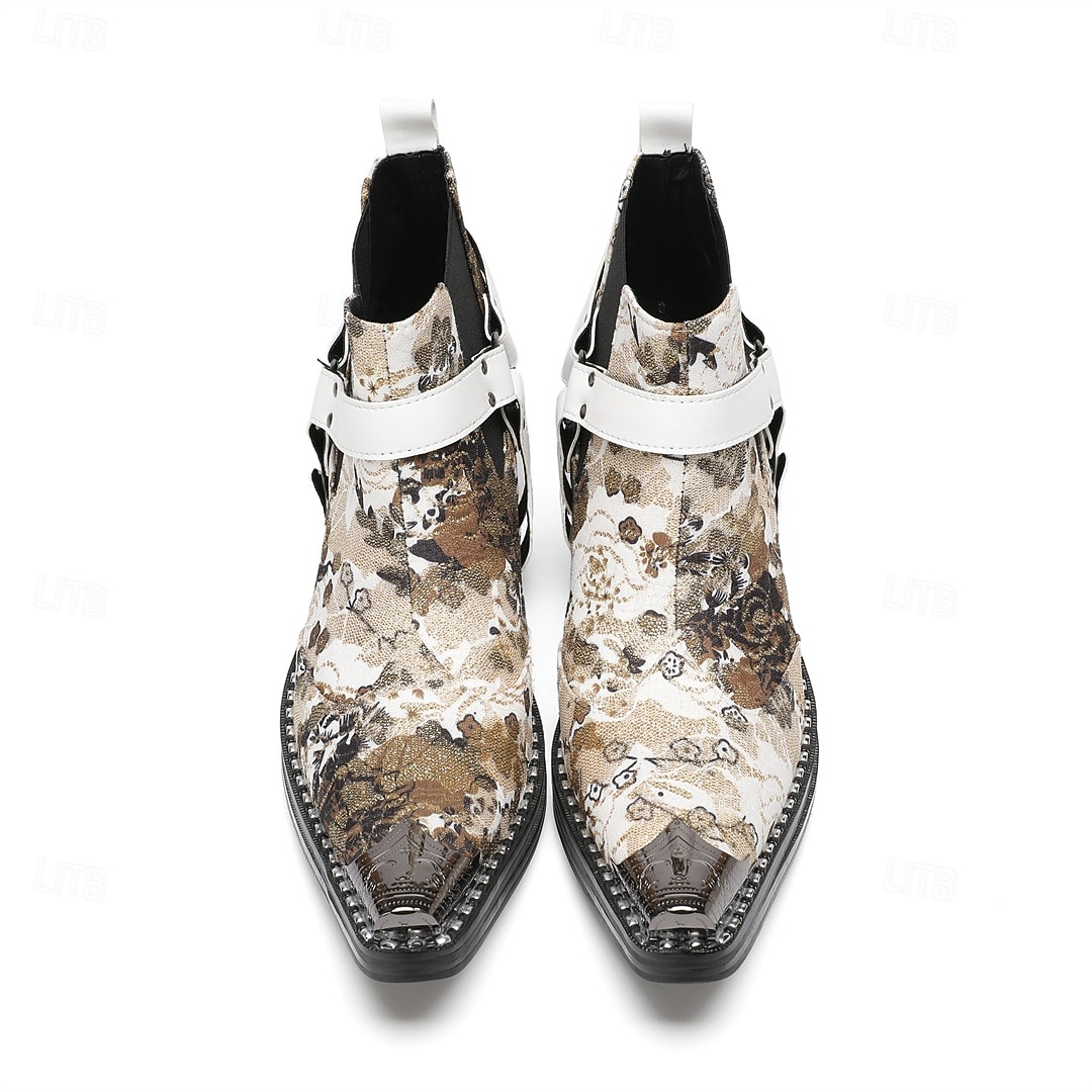 Miesten kukkakuvioiset valkoiset nahkaiset nilkkurit - muodikas solkiyksityiskohta rohkealla kukkakuviolla, täydellinen katutyyliin ja rennoille tilaisuuksille 2025 - $139.99 –P5