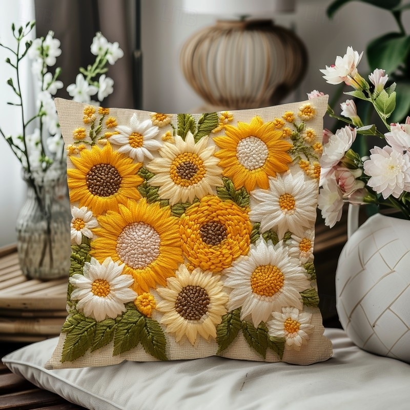 Dekorativt örngott i vintagestil med solrosmotiv, 2D-tryck, mjukt polyestertyg med kuddfodral och fuskbroderi, perfekt för vår- och sommarsoffdekorationer i vardagsrummet 2026 - $9.99 –P9