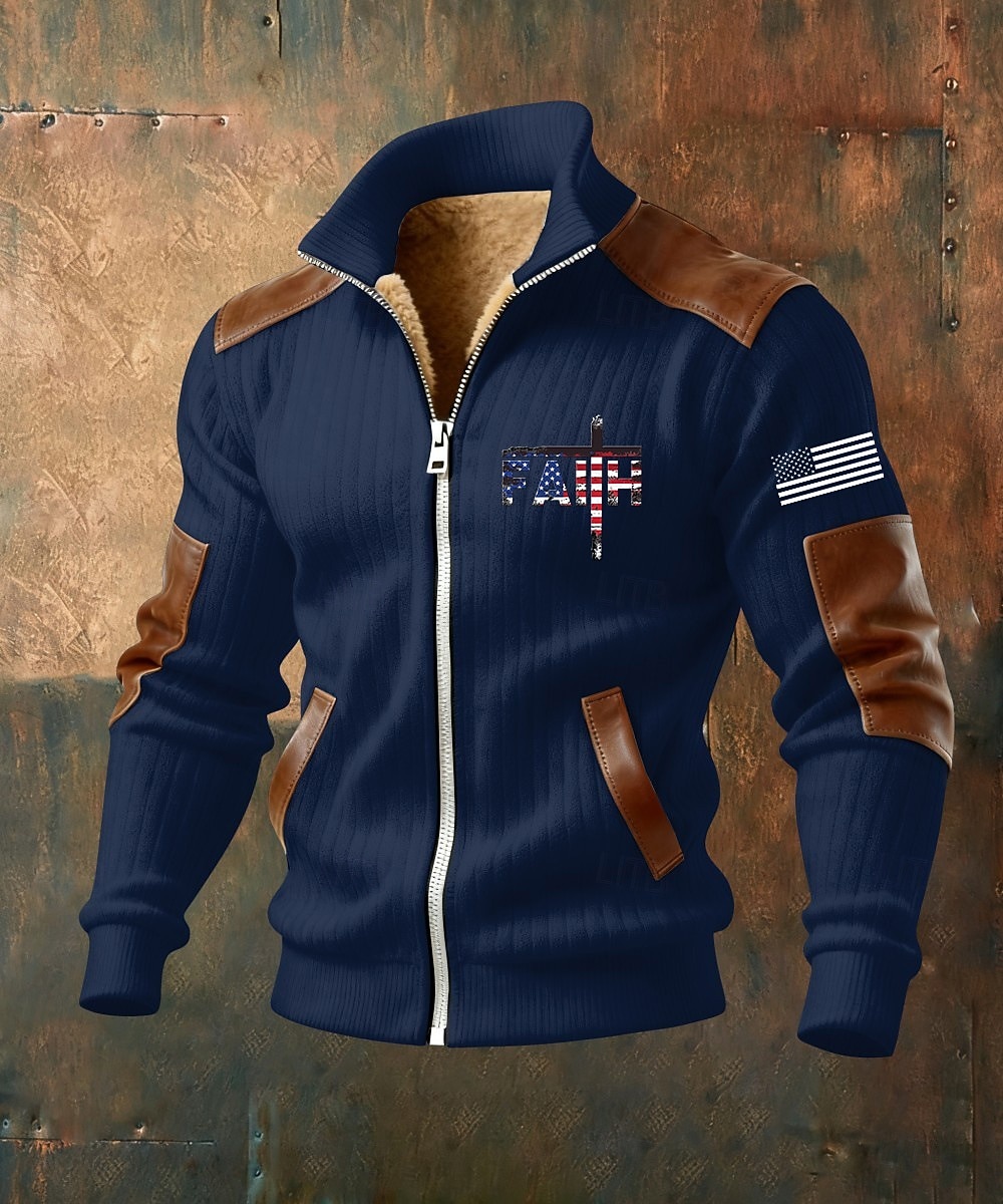 Homens Full Zip Hoodie Casaco de lã Moletom de lã Preto Branco Verde Tropa Azul Marinha Marron Colarinho Clerical Cruz Bandeira americana Fé Bolsos Detalhes em couro sintético Desportos e Ar livre de 2026 por $75.99 –P4