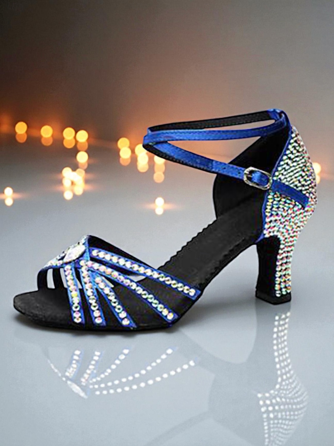 Sapatos de dança latina femininos azuis com strass - sandálias profissionais para dança de salão, salsa e tango, com design de tiras e salto brilhante para competição ou apresentações. de 2025 por $46.99 –P2