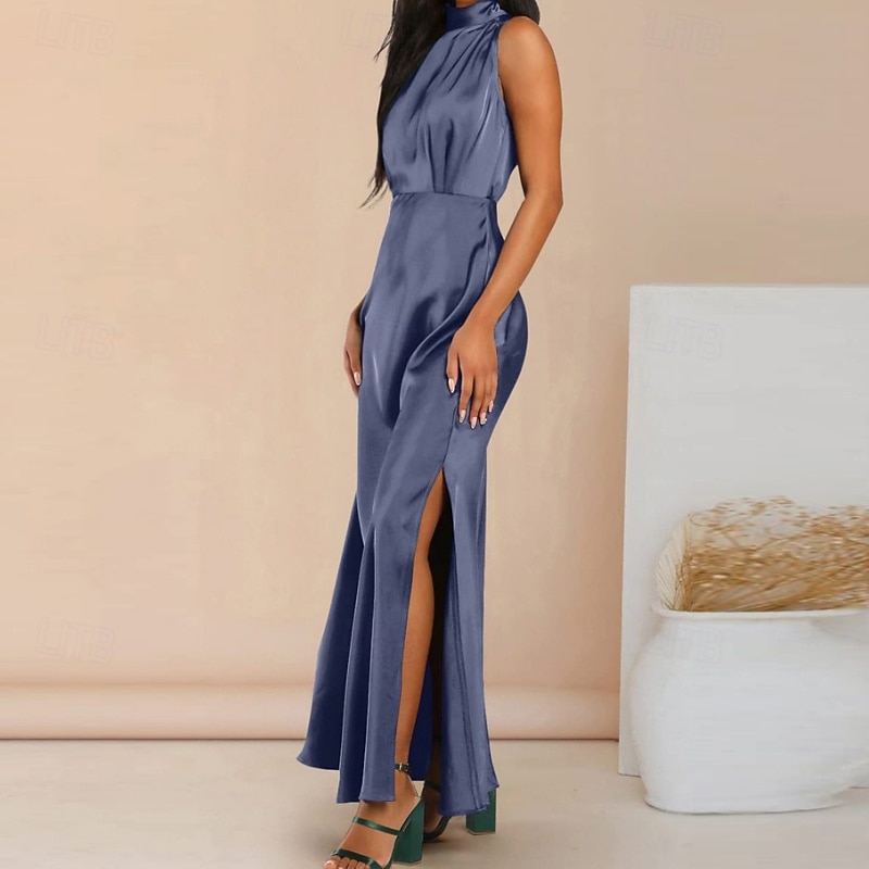 Mulheres Vestido Longo Vestido Maxi vestido de cetim Vestido de formatura Vestido de festa Elegante Moderno Festa de Noite Festa Ocasião Especial Normal Tecido Sem Manga Colarinho Chinês água azul de 2026 por $26.99 –P5