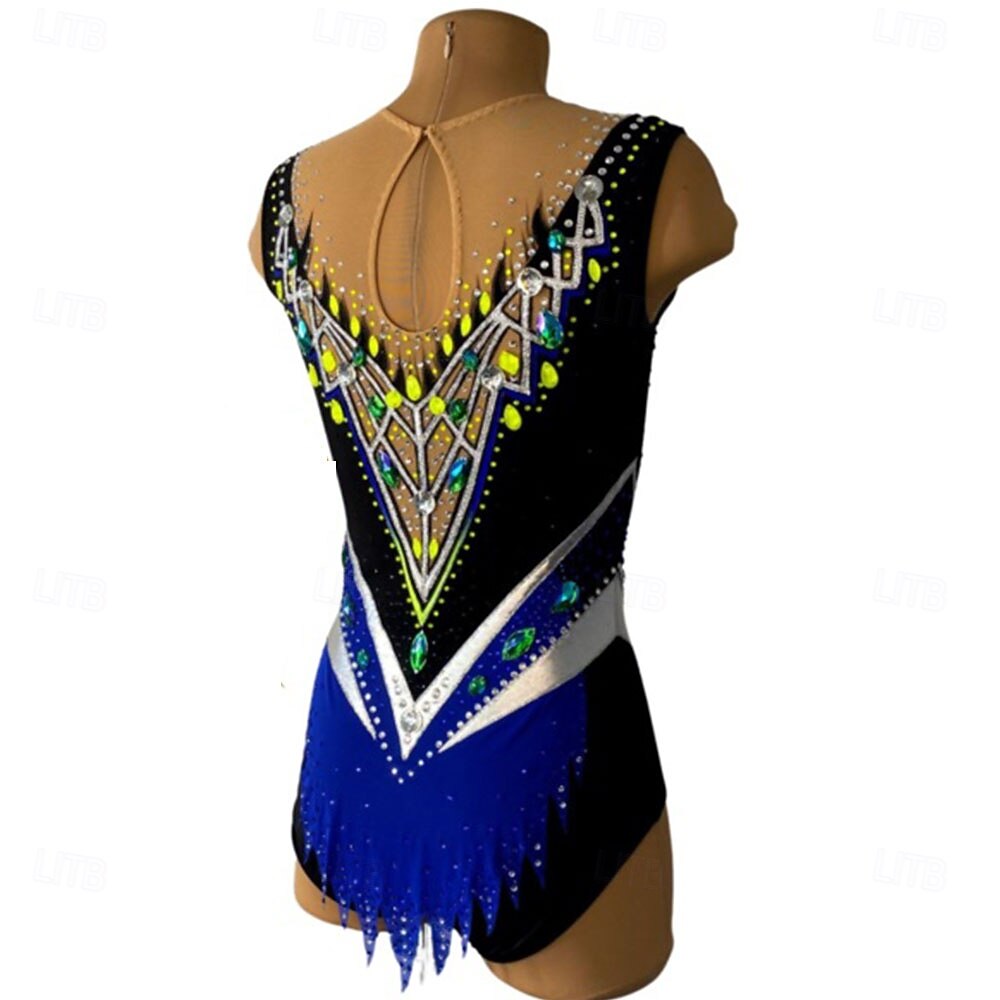 Collant de ginástica rítmica feminino para patinação no gelo, tingido com alta elasticidade, roupa profissional para competição de patinação, com cristais/strass, sem mangas. de 2026 por AU $1180.49 –P2