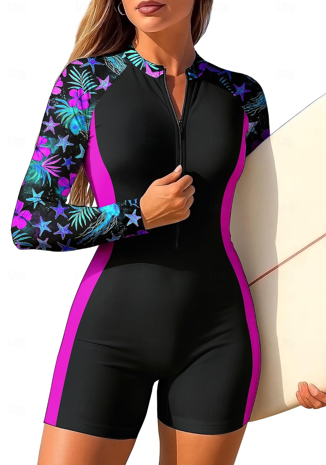 Damskie Średnie Standardowy Docieplacze Jednoczęściowy strój do surfingu Strój kąpielowy Kwiaty Kwiatowy Tropikalny Zapiąć na zamek błyskawiczny z wbudowanym biustonoszem Wyjmowane wkładki Ochrona 2026 - $35.99 –P1