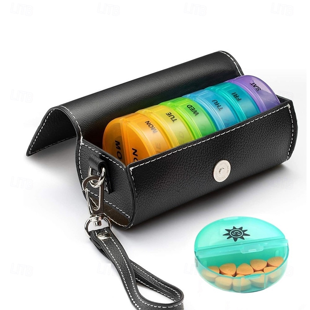 Organizador de comprimidos semanal para 2 doses diárias com estojo em couro PU, caixa organizadora de comprimidos para 7 dias, ideal para viagens - dispensador portátil de comprimidos AM/PM para de 2026 por $22.99 –P11