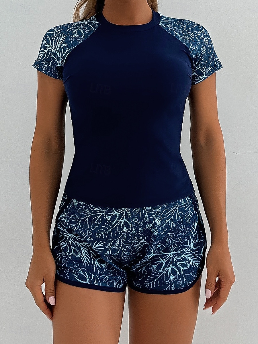 Costume da bagno tankini da donna 2 pezzi pantaloni corti palmo controllo pancia vita alta slinguato senza schiena vacanza in spiaggia scollatura rotonda floreale con maniche corte del 2026 a $36.99 –P1