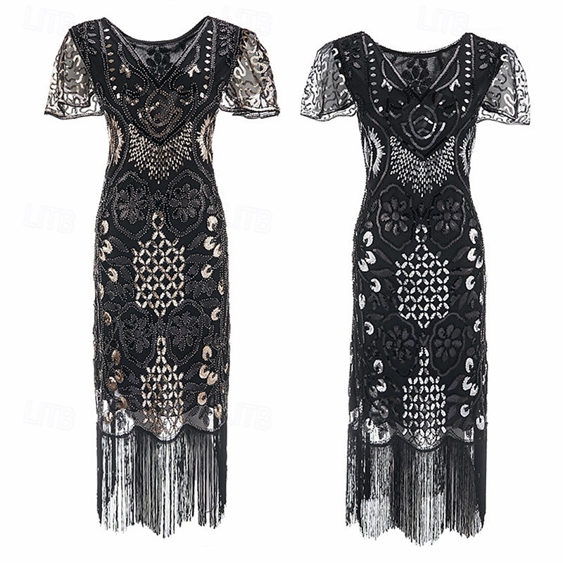 Loucos anos 20 Anos 20 Meio-dia Vestido melindroso Mangas curtas O Grande Gatsby Menina melindrosa Paetês Franja Tubinho Decote V Fantasia Mulheres Natal Carnaval bar clandestino Mascarilha Festa de 2026 por $42.99 –P9