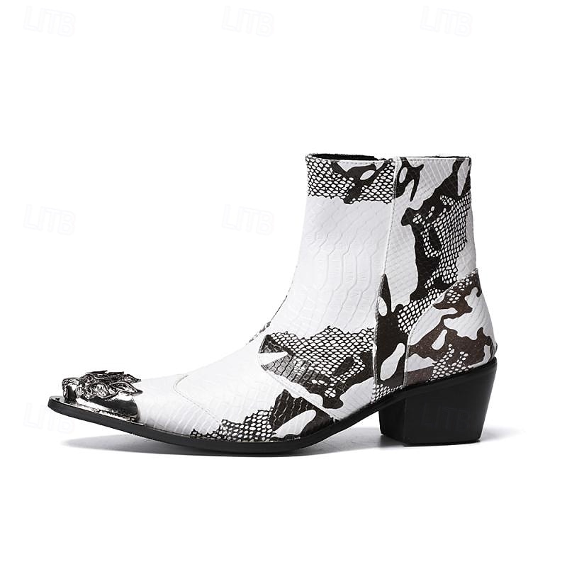 Botas masculinas em couro legítimo preto e branco com estampa exclusiva - calçado moderno para homens antenados em moda e para ocasiões casuais. de 2026 por $159.99 –P2