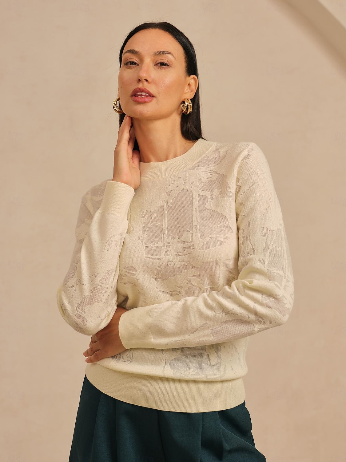 maglione girocollo in organza di lana lavorato a maglia floreale casual da vacanza del 2026 a $91.99 –P3
