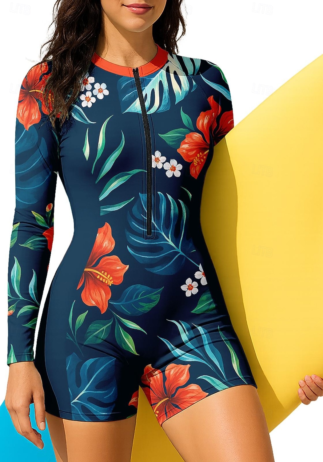 Per donna Top sottomuta Costume da bagno Boyleg Floreale Con zip Imbottitura rimovibile Cerniera Frontale Protezione Solare UV UPF50+ Ultra Leggero (UL) Manica Lunga Costume da Bagno Top sottomuta del 2026 a $35.99 –P4