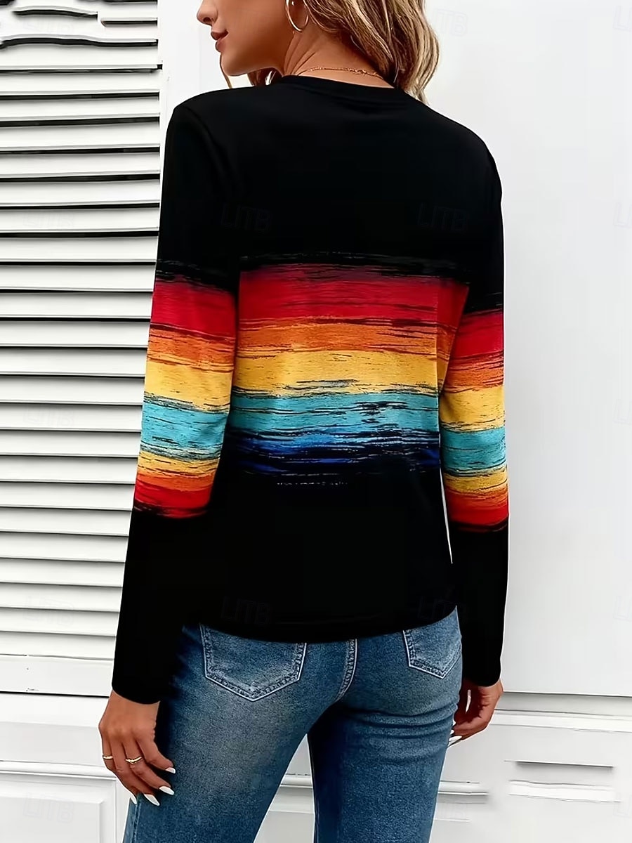 Dames T-shirt Afdrukken Grafisch Gestreept Vintage Stijlvol Klassiek Lange mouw Strakke ronde hals Normale tops Dagelijks Weekend Zwart Lente Herfst Winter 2026 - $24.99 –P3