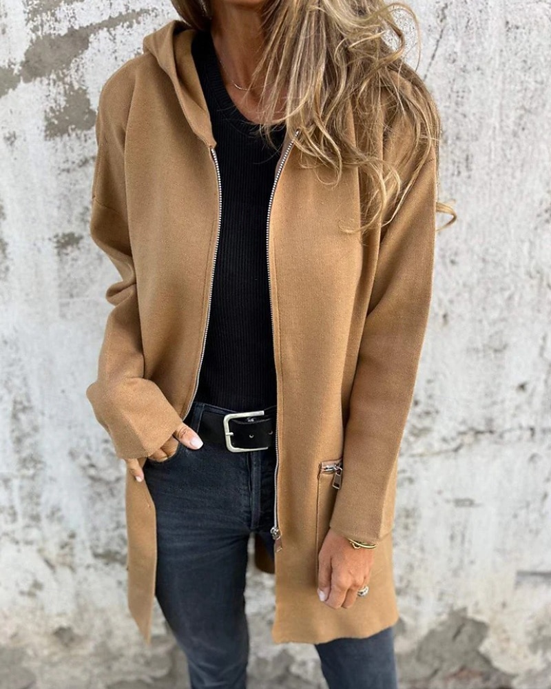 Damen Wintermantel Kapuzenjacke Warm Bequem Reißverschluss Tasche Lässig Einfach Outdoor Urlaub Heim Alltagskleidung Lang Mit Kapuze Normale Passform Langarm Oberbekleidung Schwarz Rote Kamel Herbst 2026 - $19.99 –P6