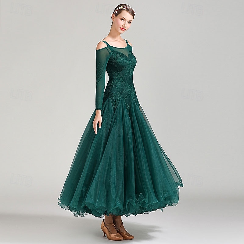 Женское элегантное платье для бальных танцев изумрудно-зеленого цвета с кружевной аппликацией, открытыми плечами и длинным рукавом, для вальса, танго, современной румбы, для выступлений на 2025 - $158.99 –P5