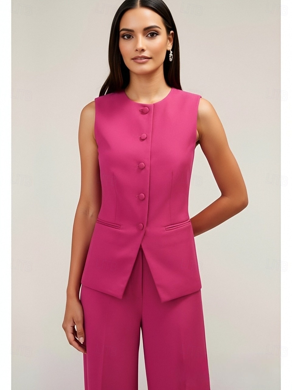 Women's Sleeveless Vest Two Piece Work Office / Career Stretch Crepe Elegant Simple Sleeveless Round Single Breasted 2026 - $172.99 –P2
