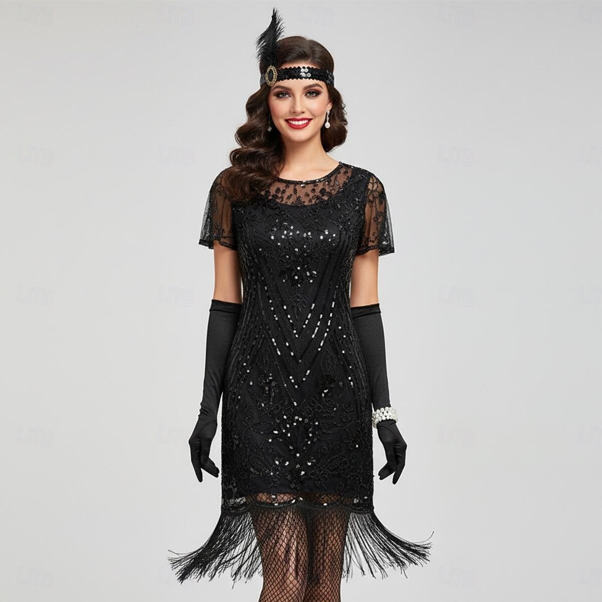 Set Anni Ruggenti Anni 1920 Lunghezza al ginocchio Lunghezza corta Abito Flapper Abiti Costume da festa con accessori Manica illusione Maniche corte Il grande Gatsby Invitato al matrimonio Paillettes del 2026 a $54.99 –P11