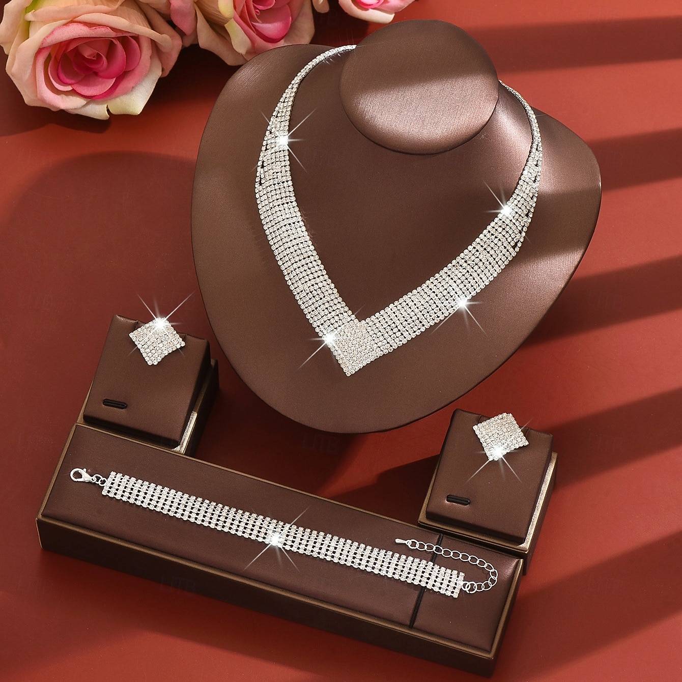 Conjunto de joias femininas douradas com strass - colar e pulseira deslumbrantes e brilhantes &Brincos, acessórios glamorosos para festas de casamento e eventos noturnos. &eventos especiais de 2026 por $24.99 –P2