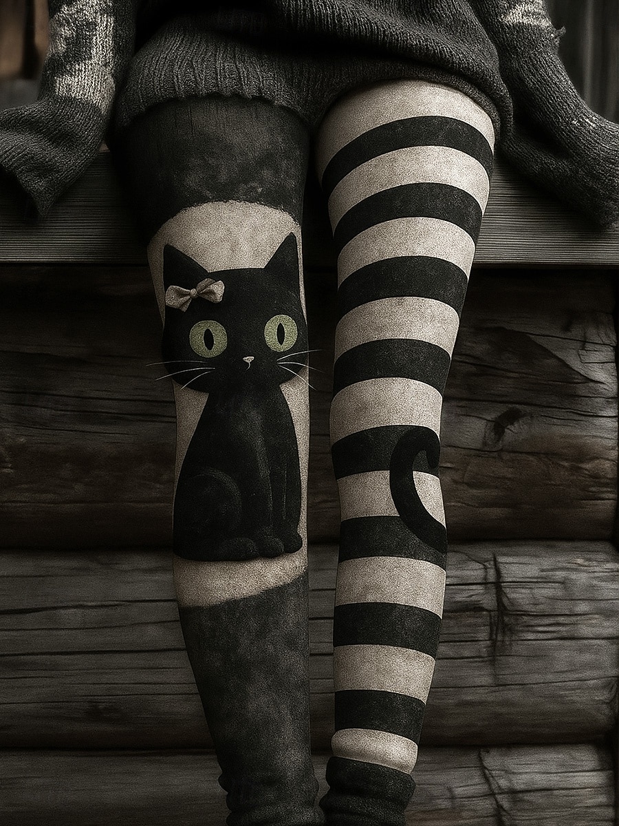 Mujer Leggings Vacaciones Moda Vintage Largo Completo Cintura Alta Gráfico Gato Impresión Abstracta Térmica Cálida Suave Transpirable Elástico Formal Exterior Vacaciones Blanco y Negro Negro Gris 2026 - $21.99 –P4