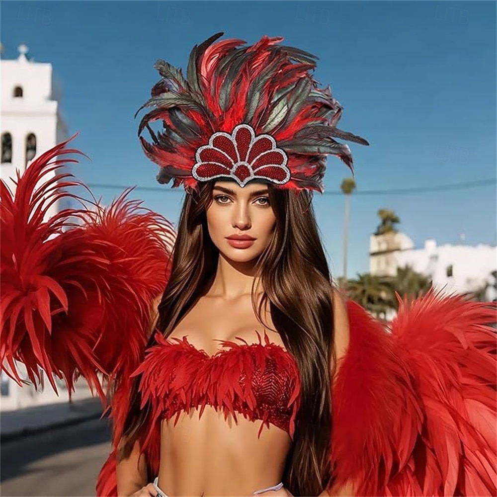 Карнавальная ночь 2026. Рио Карнавальная самба Аксессуары Красный и черный головной убор с перьями для женщин на фестивале Марди Гра - танцевальный аксессуар для фестиваля Бразилия 2026 - $15.49 –P2