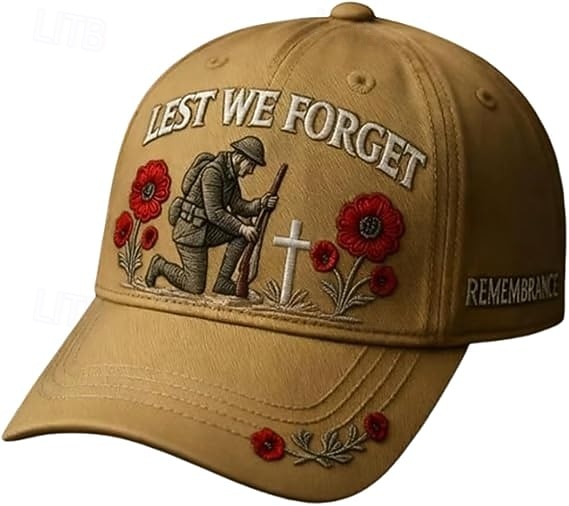 Cappello commemorativo "Lest We forget", berretto ricamato con fiori di papavero per veterani, tributo militare ed eroi caduti. del 2026 a $21.99 –P3