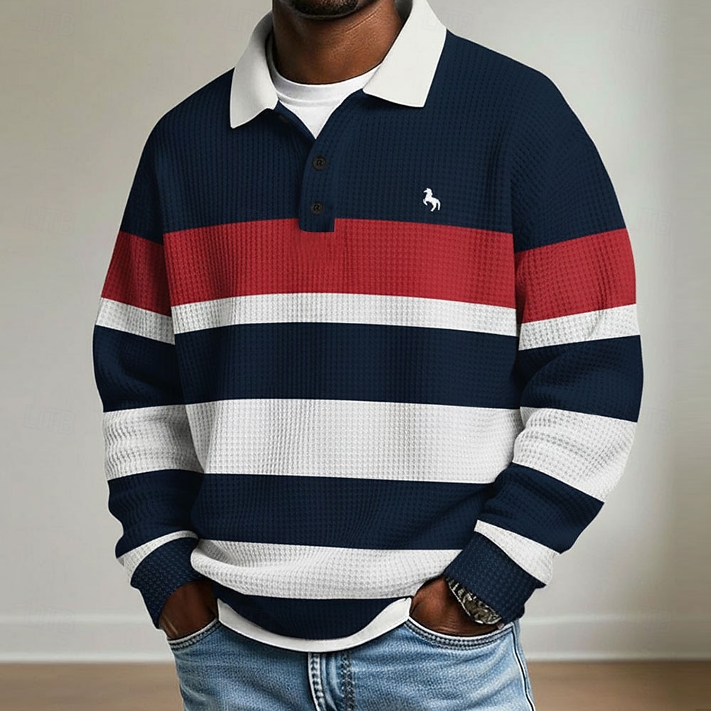Herre Horisontale strips Vaffel poloskjorter Rugby poloskjorter Langermet Poloskjorter Skjorter med krage Fritid treningsklær Dagligdagstøy Knapper Vår Høst Vinter Rød 2026 - $26.99 –P1