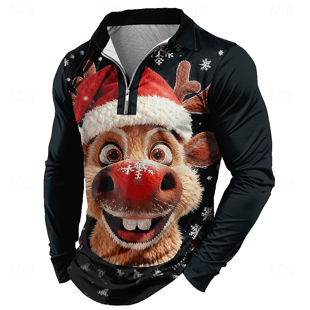 Christmas Miesten Hirvi 3D sarjakuva Polo Pitkähihainen Poolopaidat Kauluskäänne Vapaa-aika Arki-asut Festivaalin asu 3D-tulostus Quarter Zip Polo Kevät Syksy Talvi Sininen Musta Rubiini 2026 - $23.99 –P5