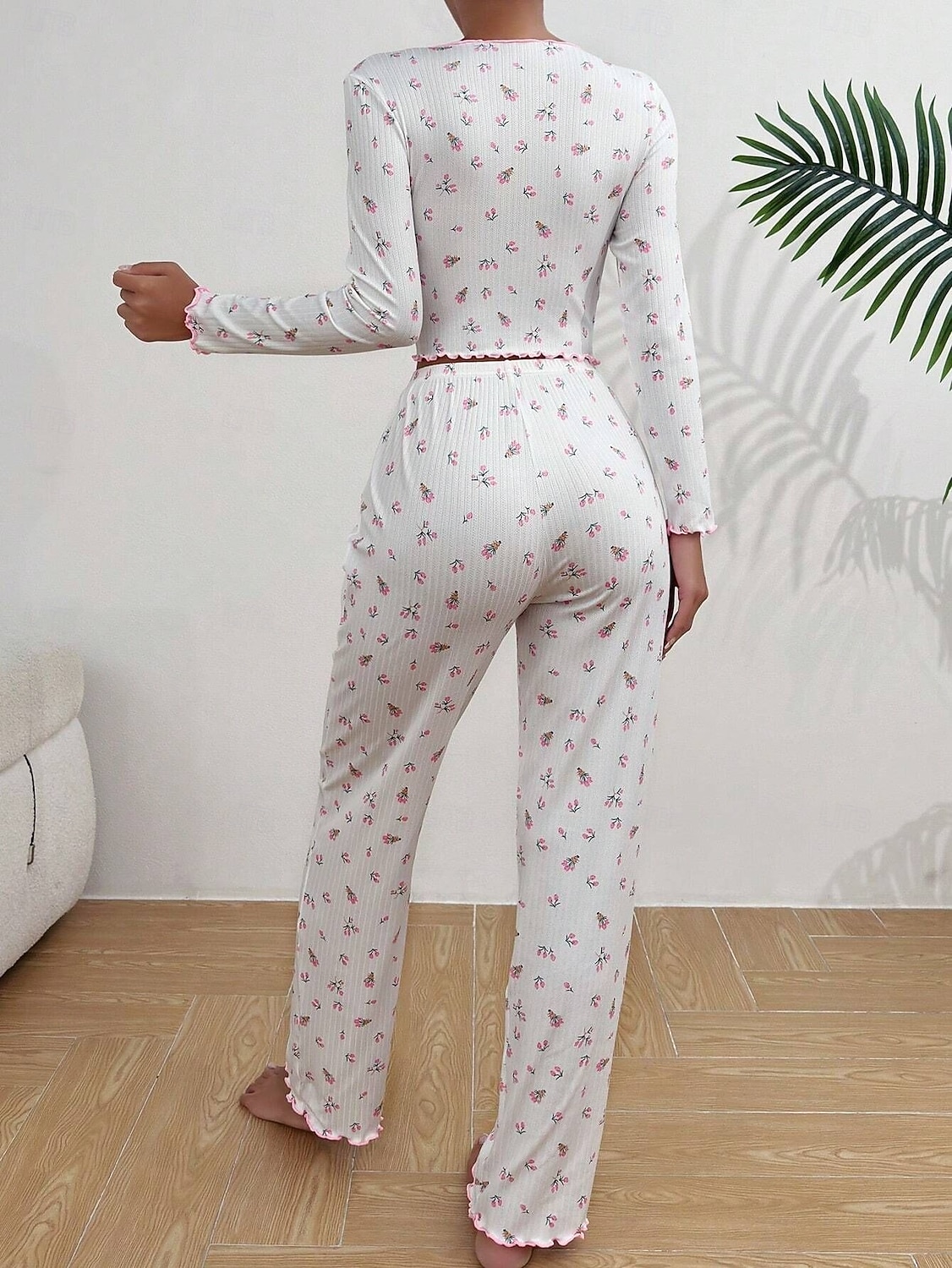 Damen Schlafanzug Set Lässig Komfort Blumen Elastischer Bund Hose Heim Täglich Langarm V Ausschnitt Blau Schwarz Weiß Rosa Frühling Herbst Normale Passform 2026 - $19.99 –P3