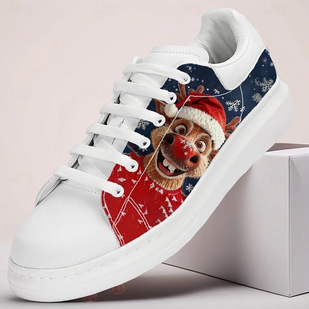 Men's White Christmas Sneakers with Santa and Dog Design - Trendy Footwear for Festive Occasions and Christmas Parties 2026 - $54.99 –P1