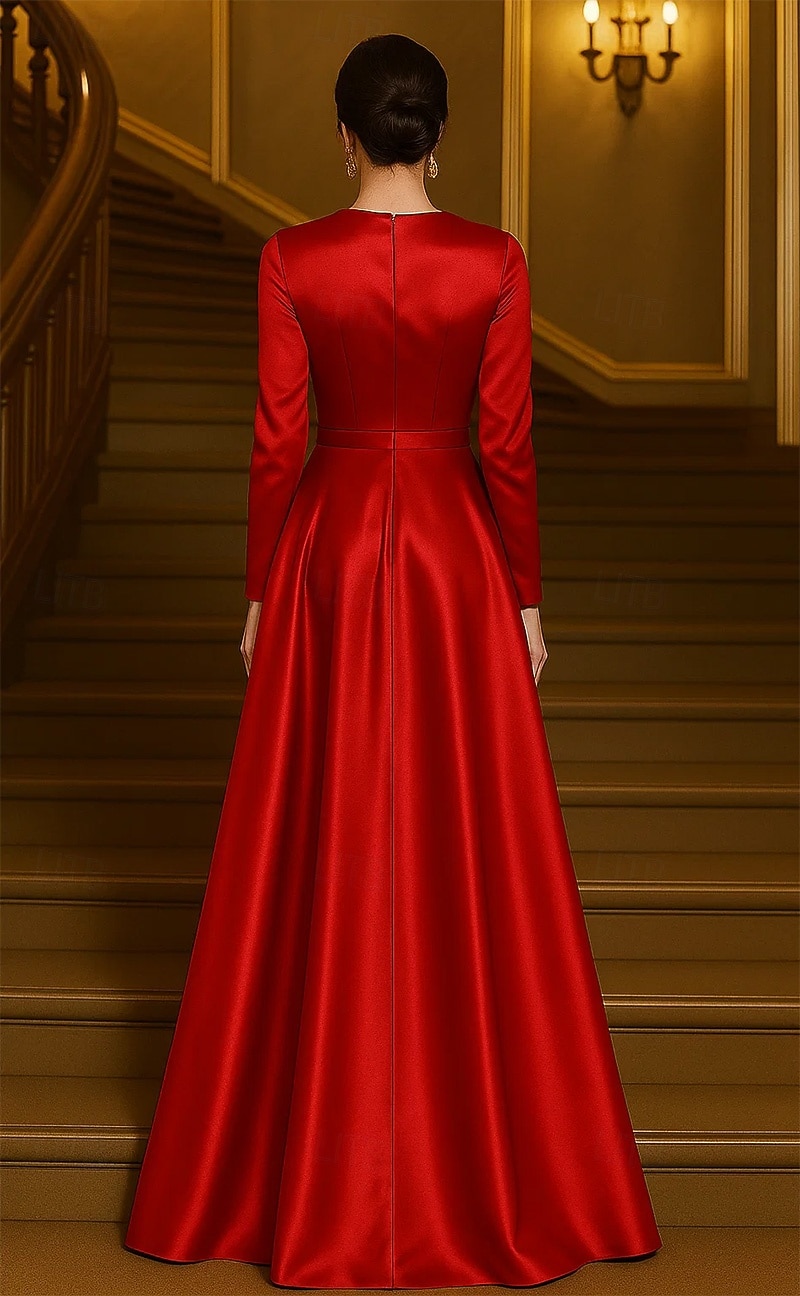 Vestido de Noche A-Line Rojo Elegante Formal Vestido Formal de Boda Largo de Piso de Manga Larga Cuello Redondo de Saten Elástico con Flor en el Hombro 2026 - $160.99 –P2