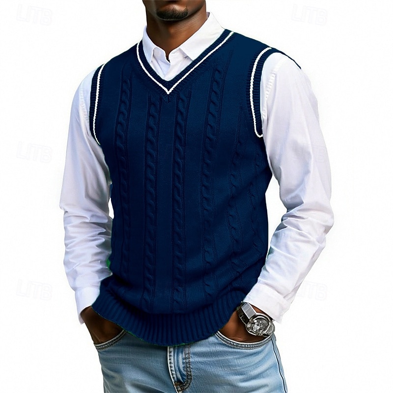 Муж. Свитер жилет Платье-свитер Пуловер Свитер Жилет Вязаный свитер Рельефный узор Вязать Обычные топы Трикотаж Пэчворк V-образный вырез Мода Уличный стиль Отпуск Бизнес Одежда Без рукавов Осень Зима 2026 - ₪103 –P8