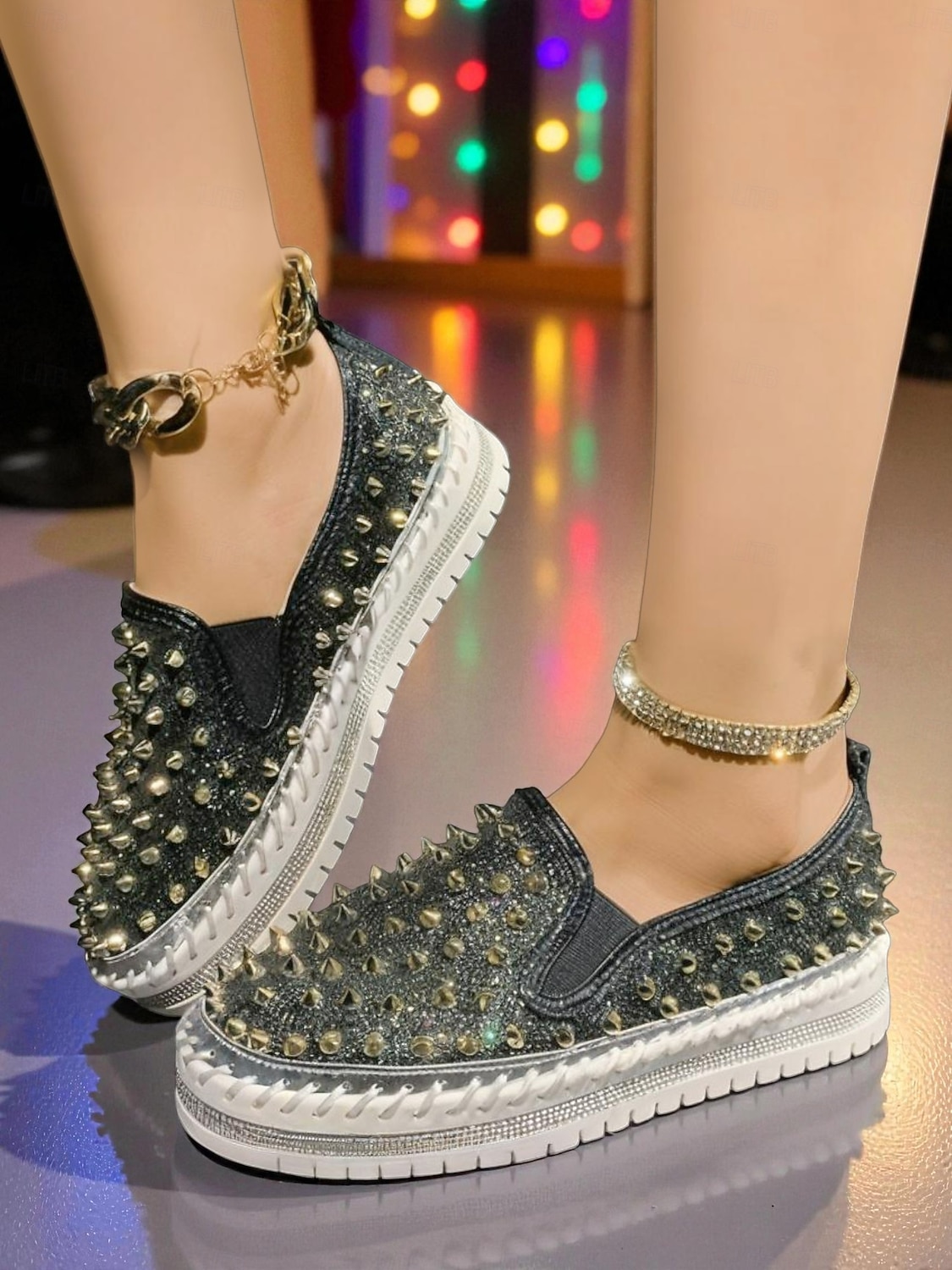 Dames instapsneakers met glitter en studs - glinsterende platformschoenen met strass-versiering voor uitgaansgelegenheden, feesten en clubwear &feestelijke outfits 2026 - $32.99 –P4