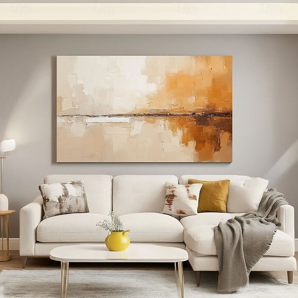 Grande peinture abstraite acrylique faite à la main, représentant un paysage de coucher de soleil, dans un style long, beige et or rose, art mural abstrait horizontal, peinture à l'huile de 2025 ? $71.99 –P3