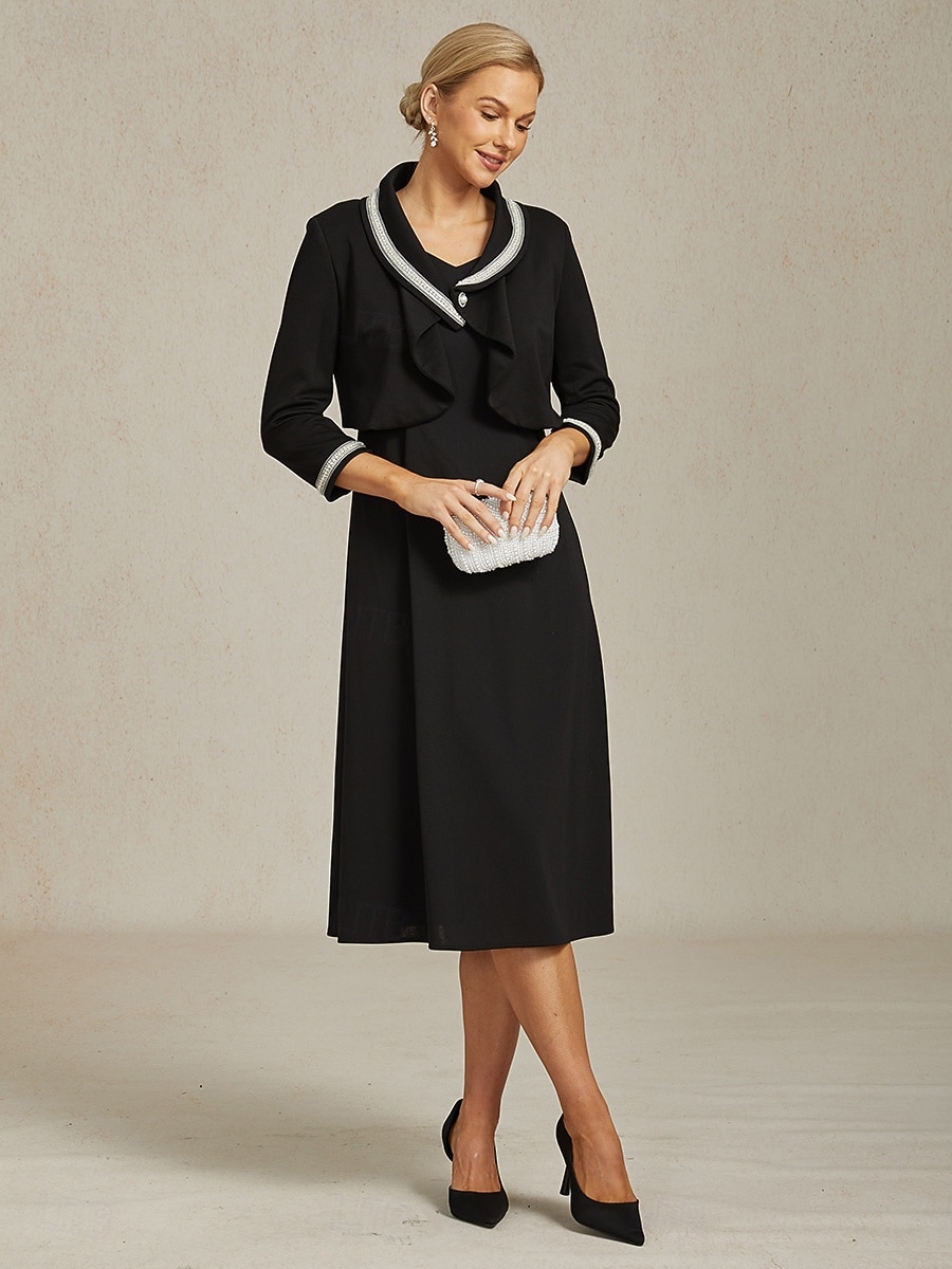 בגדי ריקוד נשים כפתור למעלה Ruched קפלים חרוזים אלגנטית שרוול 4\3 צווארון V Crop Tops עבודה אורחת חתונה לבוש קוקטייל שחור אביב סתיו חורף 2026 - KZT 14968.31 –P5