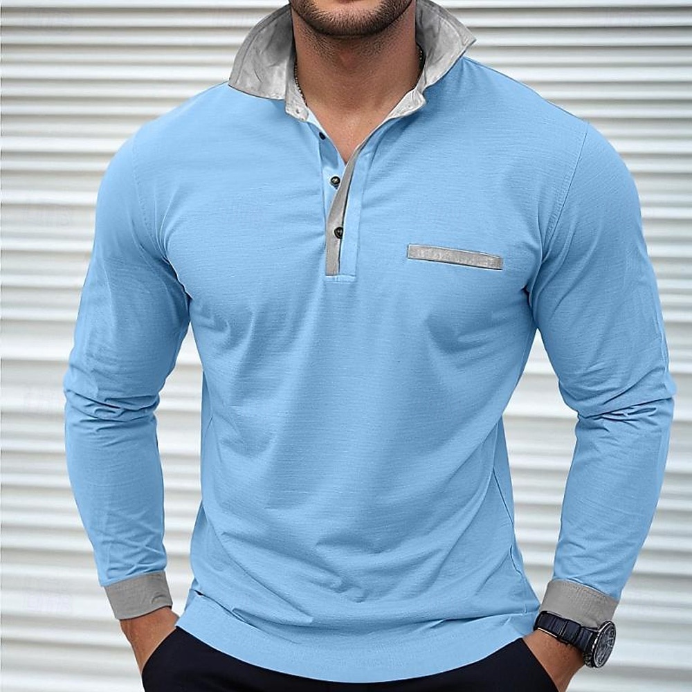 Per uomo Semplice Maglia da golf Manica Lunga Bavero Vacanza Essenziale Tempo libero Sportivo Ferie Casual Quotidiano Patchwork Tasca Bottoni Tutte le stagioni Blu chiaro Nero Bianco del 2026 a $25.99 –P7